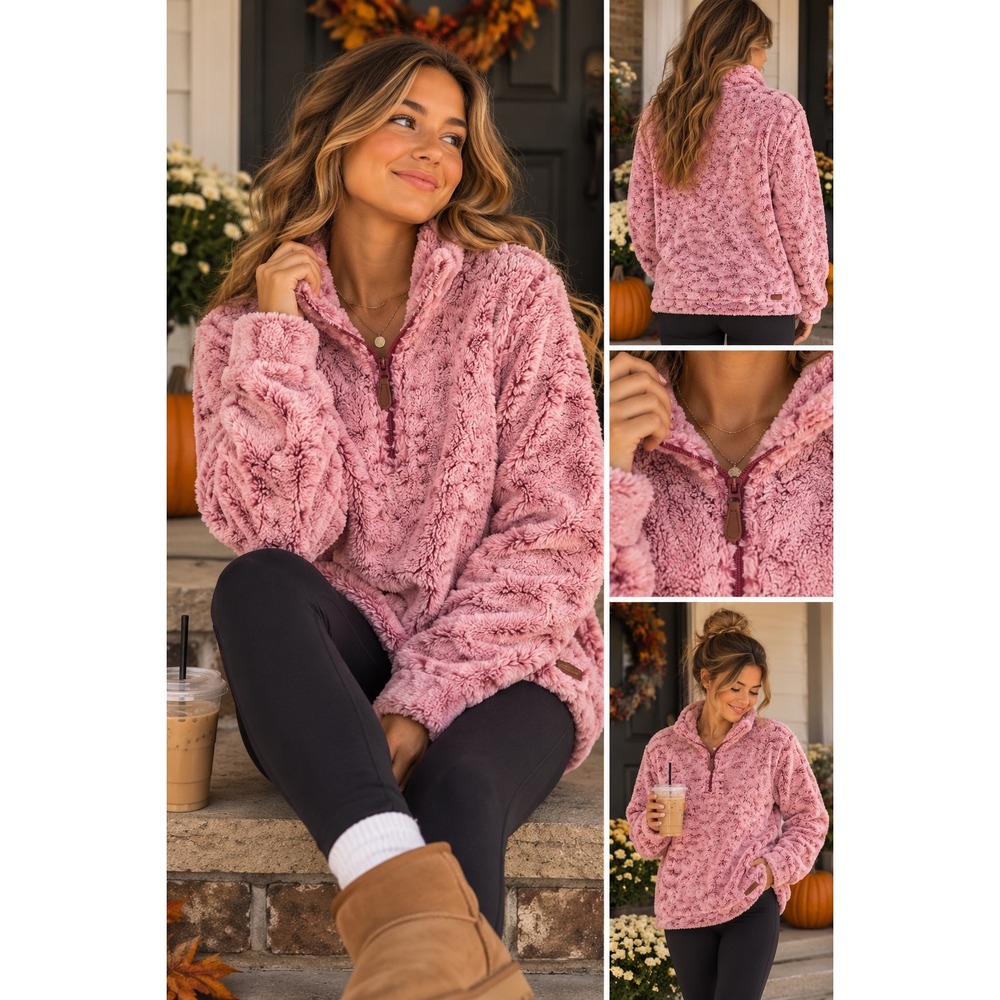 Simply Southern Womens Small Mauve Pink Faux Fur Sherpa Quarter Zip Pullover